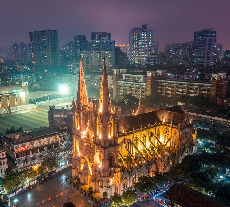 Night Scene,The Church of Shishi Sacred Heart of Jesus Cathedral